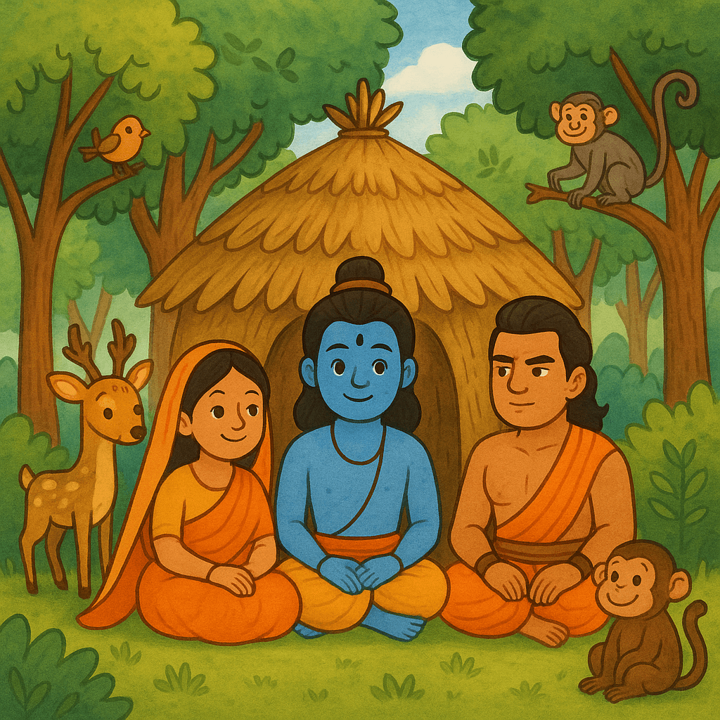Long ago, Prince Rama, Princess Sita, and Brother Lakshmana lived in a big green forest. They had a cozy hut made of leaves, and deer, birds, and monkeys were their friends!