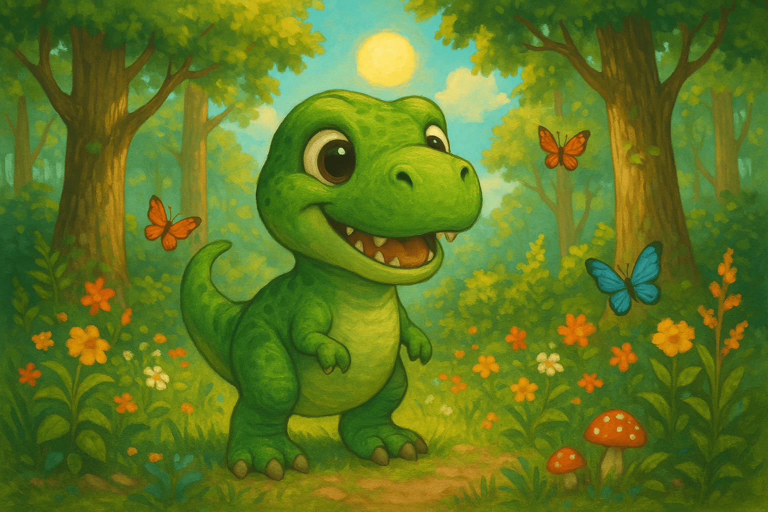 In a bright, green forest lived a little dinosaur named Dino. Dino was a small, friendly T-Rex with big, curious eyes and a heart full of kindness. Every day, Dino loved to explore the forest and make new friends.