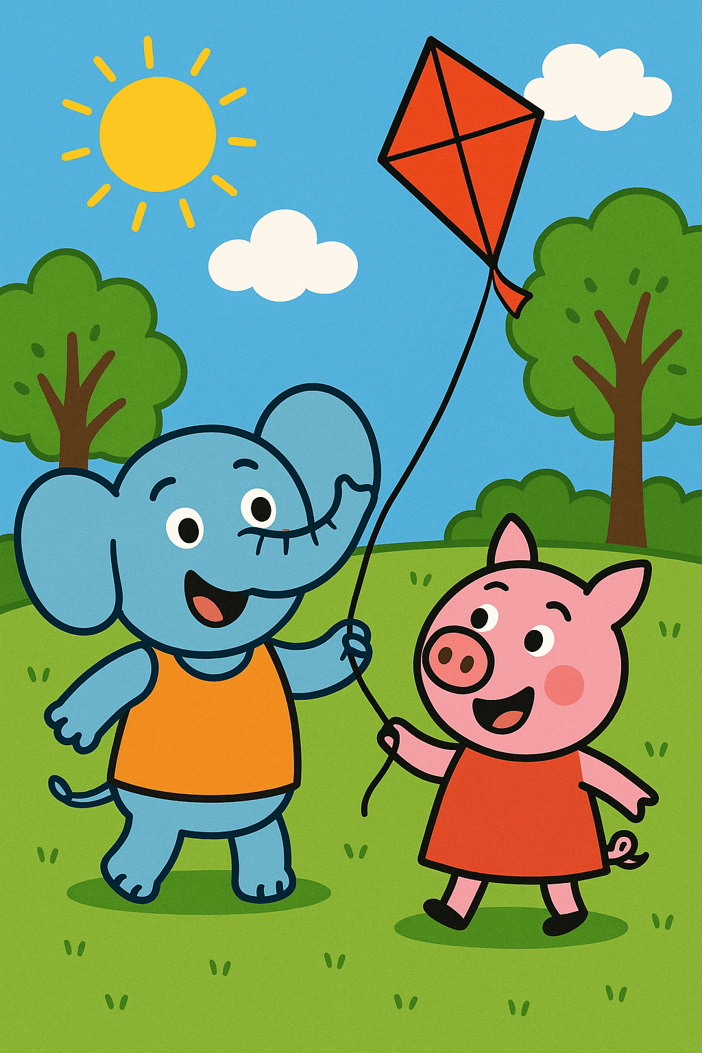 It was a bright and breezy day. Elephant and Piggie were in the park, flying their favorite red kite. The wind whooshed and the kite soared high above the trees. "Look, Elephant! Our kite is flying so high!" Piggie giggled.