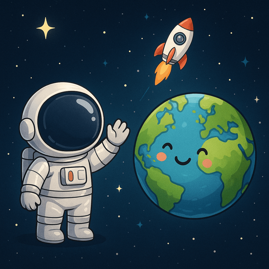 Once upon a time, there was a little astronaut named Luna. Luna loved exploring space in her shiny silver spaceship. One bright morning, Luna decided to visit the Moon to make new friends. She waved goodbye to Earth, her beautiful blue home, and zoomed off into the starry sky.