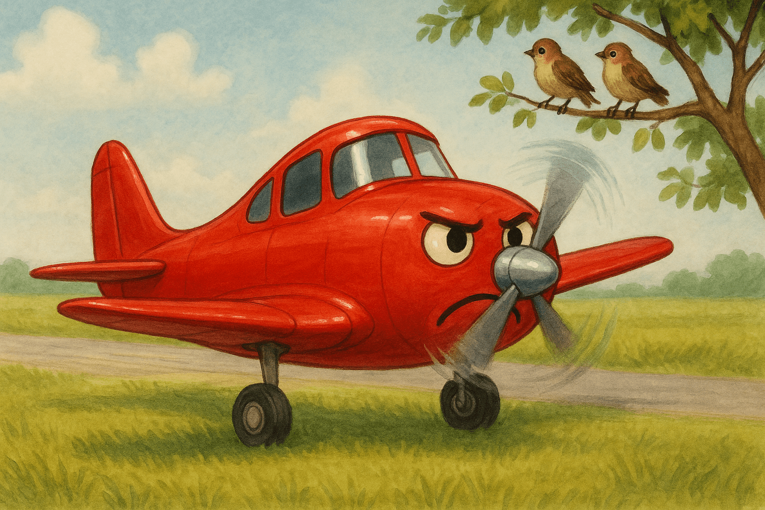 Pete the Plane loved flying more than anything. "Why do I have to wait for passengers?" he grumbled, his propeller twitching. Every morning, he'd zoom off before the ground crew finished safety checks. "Safety rules are boring!" he'd say, leaving confused sparrows in his windy wake.