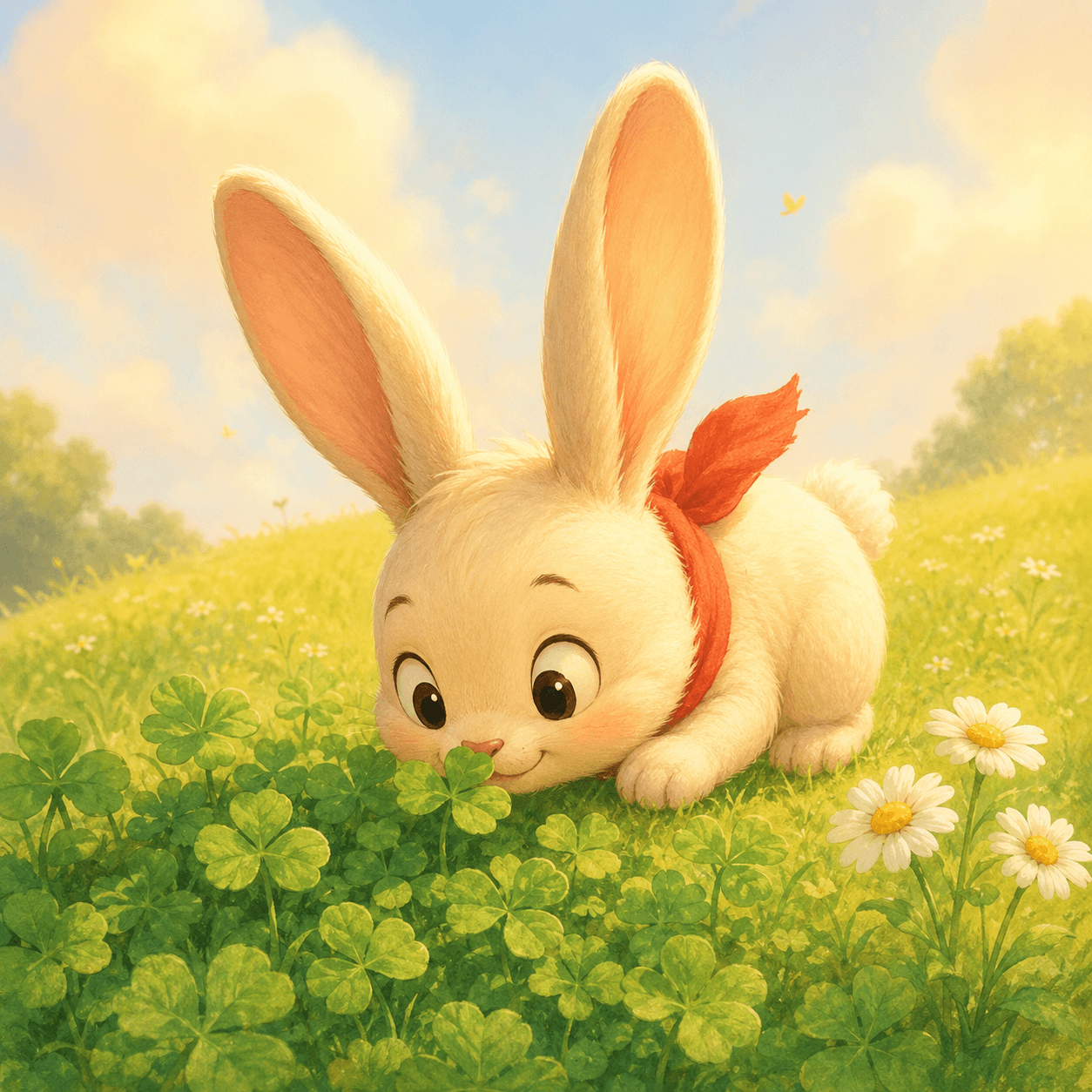 Pip was a curious bunny with a red scarf. He loved sniffing clover and asking bright questions.