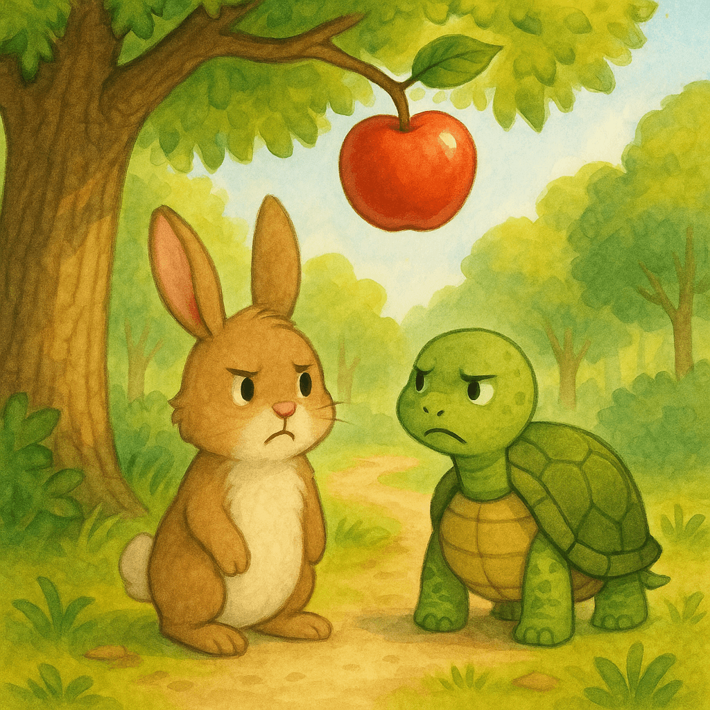 In a sunny forest, two best friends, Benny the Bunny and Tilly the Turtle, loved playing together every day. One morning, they found a shiny red apple hanging from a tree. Both wanted to eat it first!
“I saw it first!” said Benny.
“No, I did!” said Tilly.
Their voices grew louder, and soon they were arguing and not listening to each other.