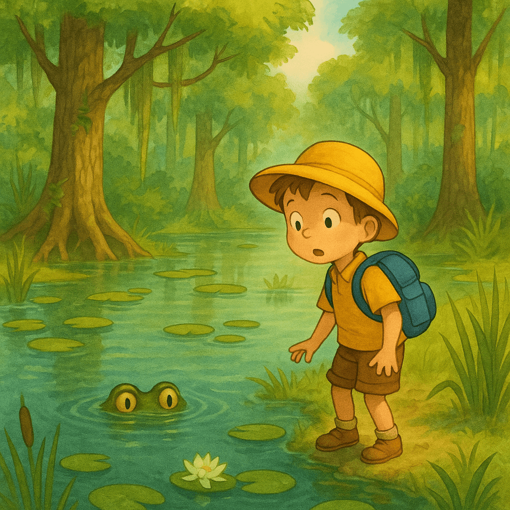 One sunny morning, a curious little boy named Tim went to explore the swamp near his home. He loved nature and wanted to see all the animals. As he walked carefully, he heard a splash in the water nearby.