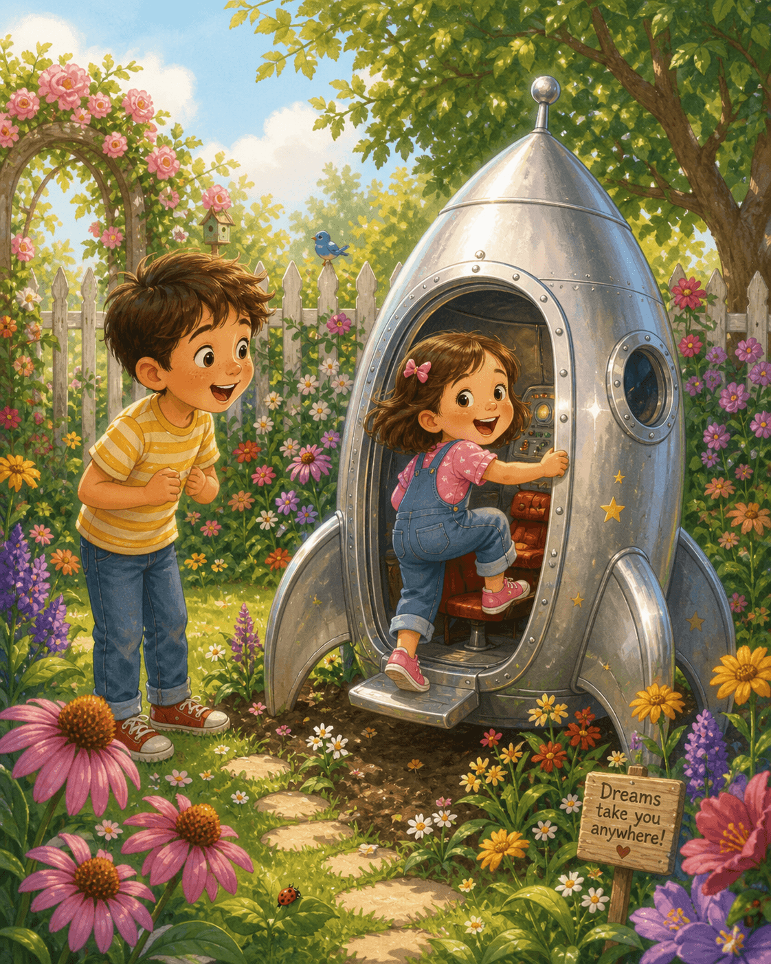Leo and his little sister Mia were playing in the garden when they spotted something shiny in the flower bed. It was a tiny silver rocket, just big enough for two! "Shall we?" said Leo. Mia giggled and climbed straight in.