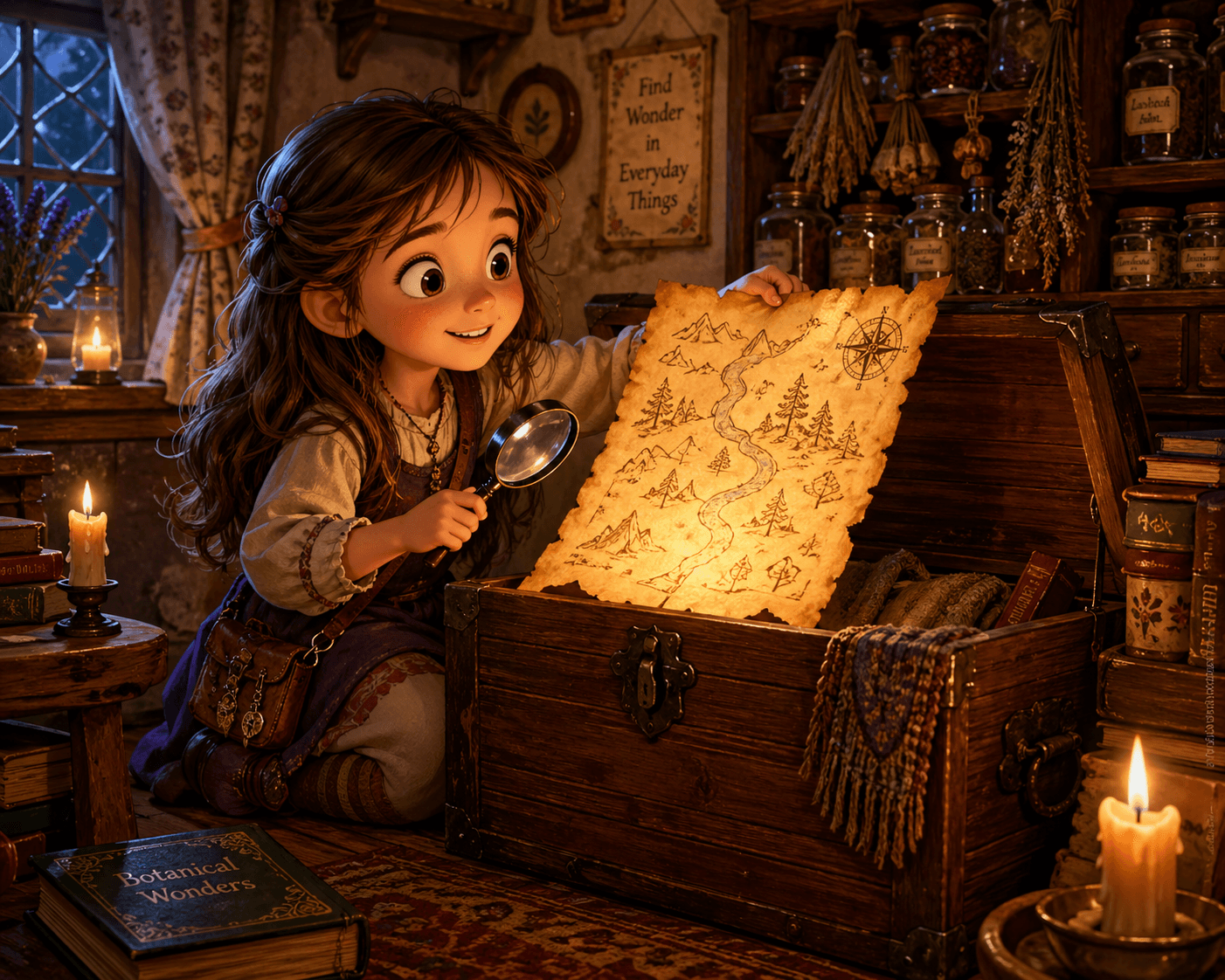 Zara was seven years old and always had a magnifying glass in her pocket. She loved exploring — the attic, the garden, the dusty shelves in her grandmother's cottage. If something was hidden, Zara would find it.
One rainy evening, while pulling an old blanket from the cedar chest, a rolled-up piece of parchment tumbled to the floor. When Zara held it up to the lamplight, something strange happened — faint silvery lines began to glow across it like moonlight on water.